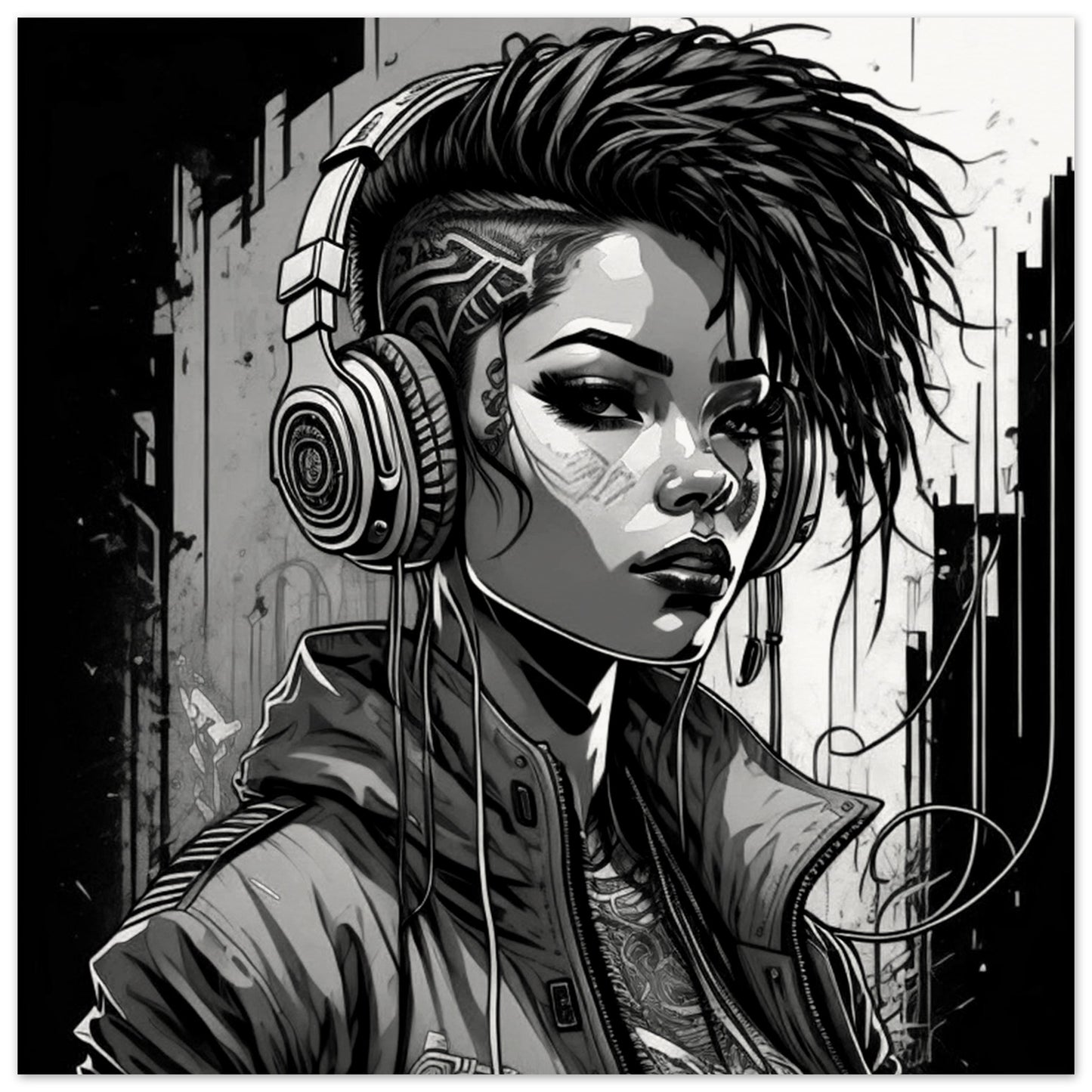 Punk Rock Girl Graff. Black & White -Museum-Quality Matte Paper Poster