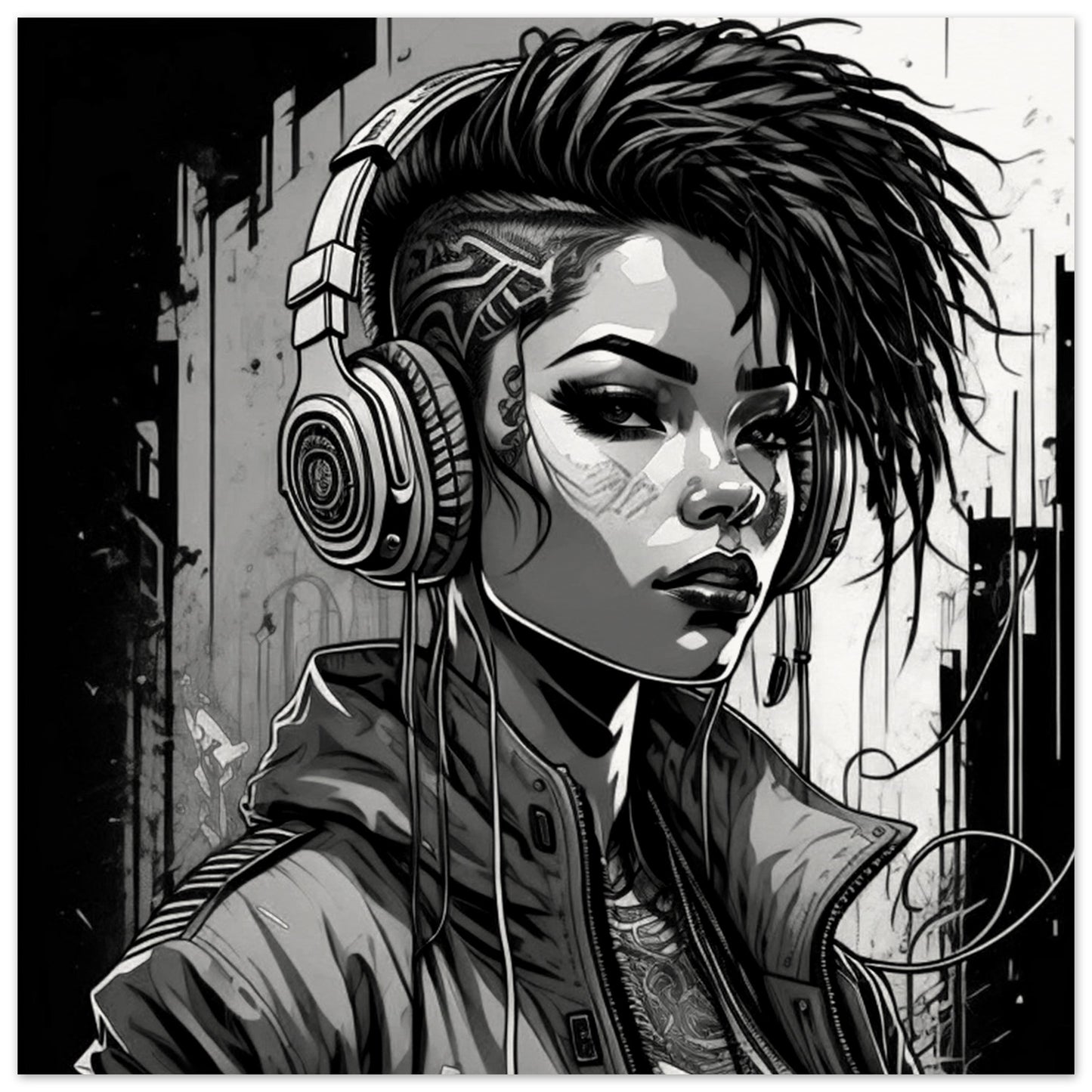 Punk Rock Girl Graff. Black & White -Museum-Quality Matte Paper Poster