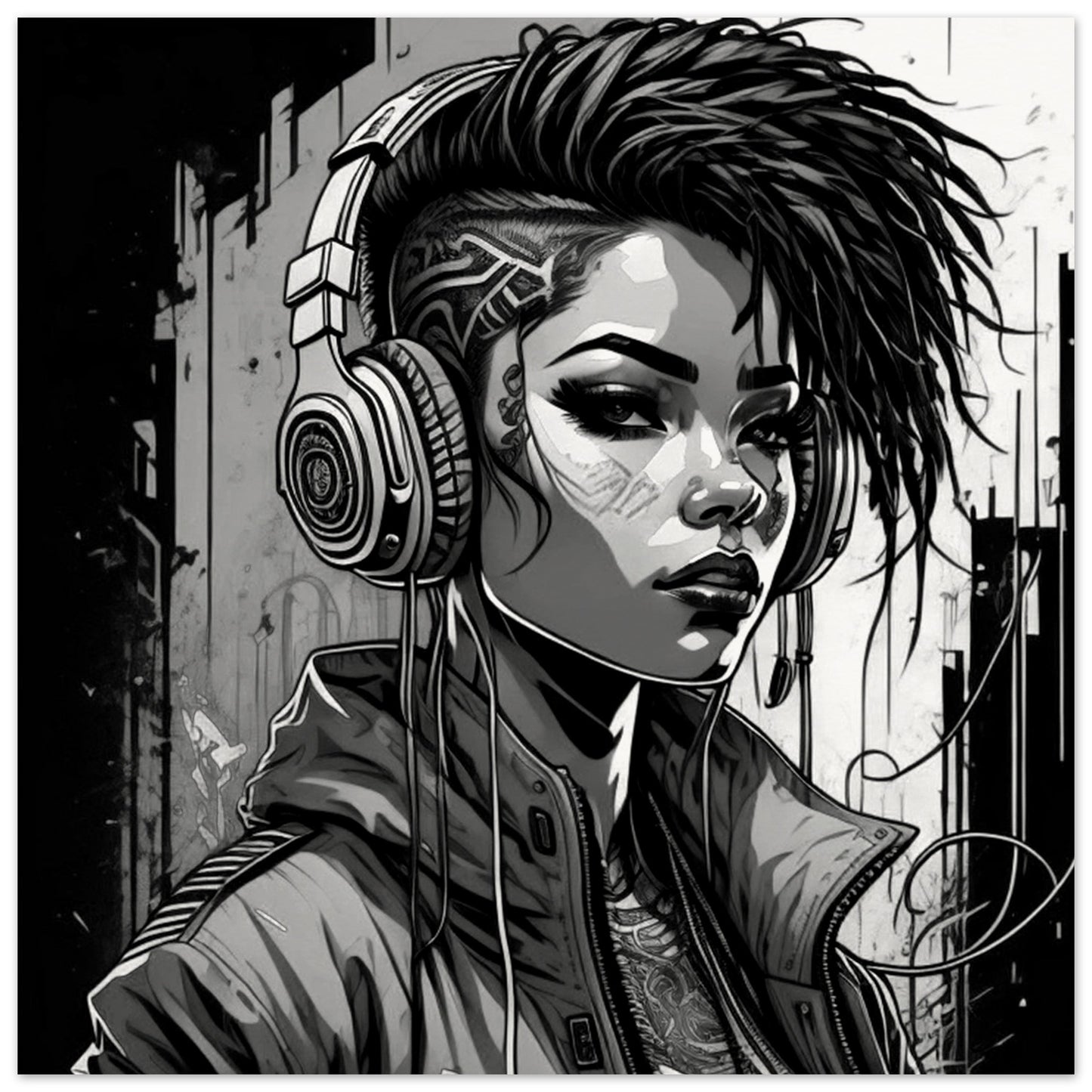 Punk Rock Girl Graff. Black & White -Museum-Quality Matte Paper Poster