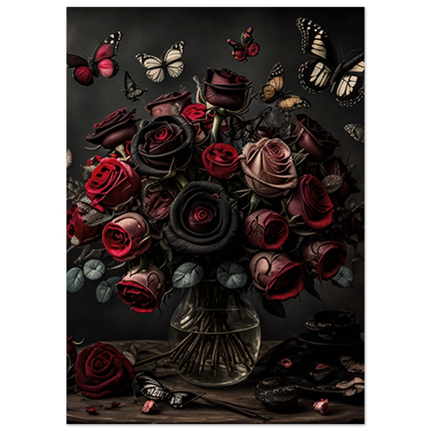 Museum-Quality Matte Paper Poster - Roses and Butterflies